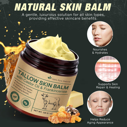 Beef Tallow Skin Care with Castor Oi & Frankincenses, Grass Fed Whipped Tallow Honey Balm for Face & Body, Natural Moisturizer Hydrates, Deeply Nourishes, Enhances Natural Radiance 120g - Available at All In One Marketplace Canada
