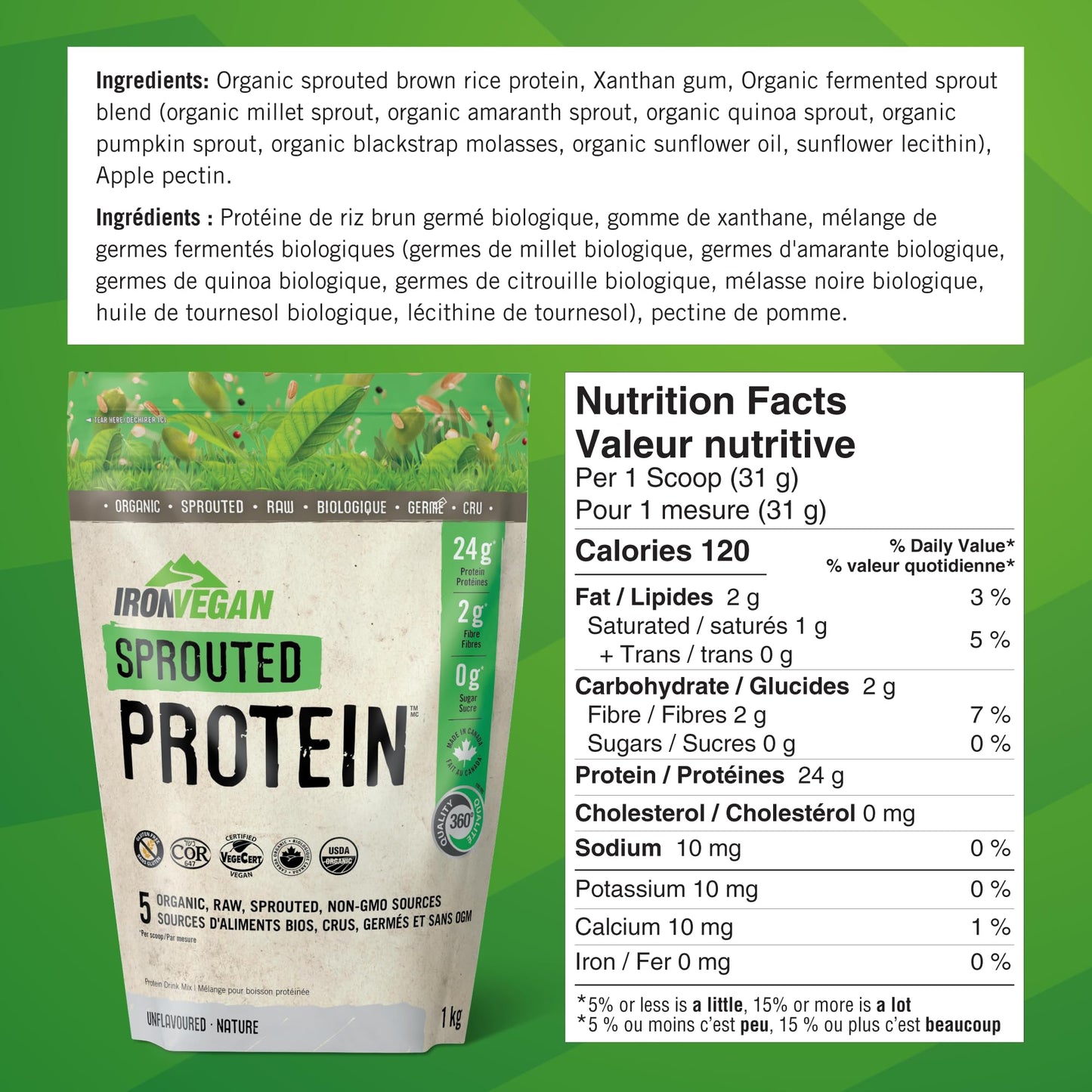 Sprouted Protein, Unflavoured, 1kg | Vegan, plant-based, organic, gluten-free, Beige IRONVEGAN