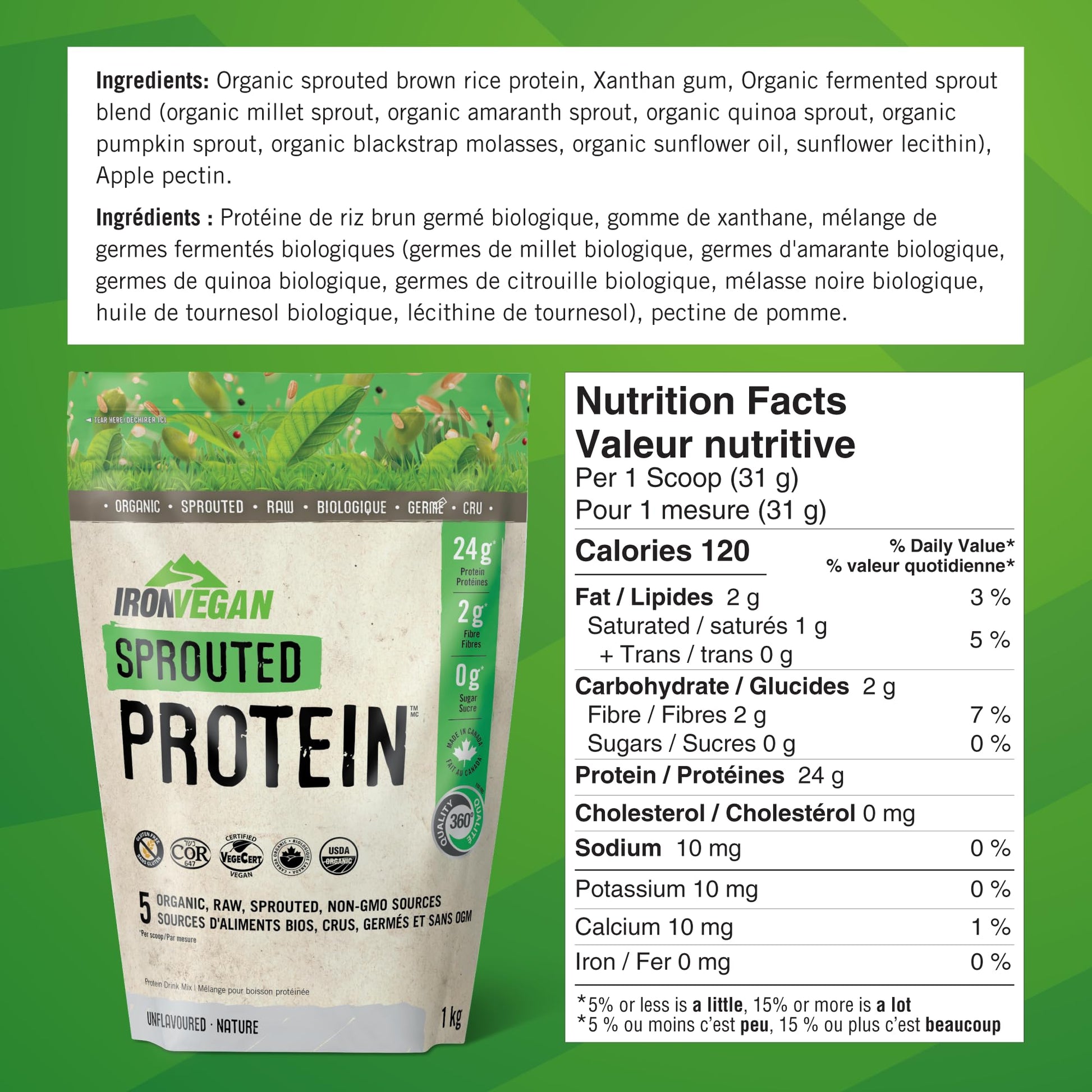 Sprouted Protein, Unflavoured, 1kg | Vegan, plant-based, organic, gluten-free, Beige IRONVEGAN