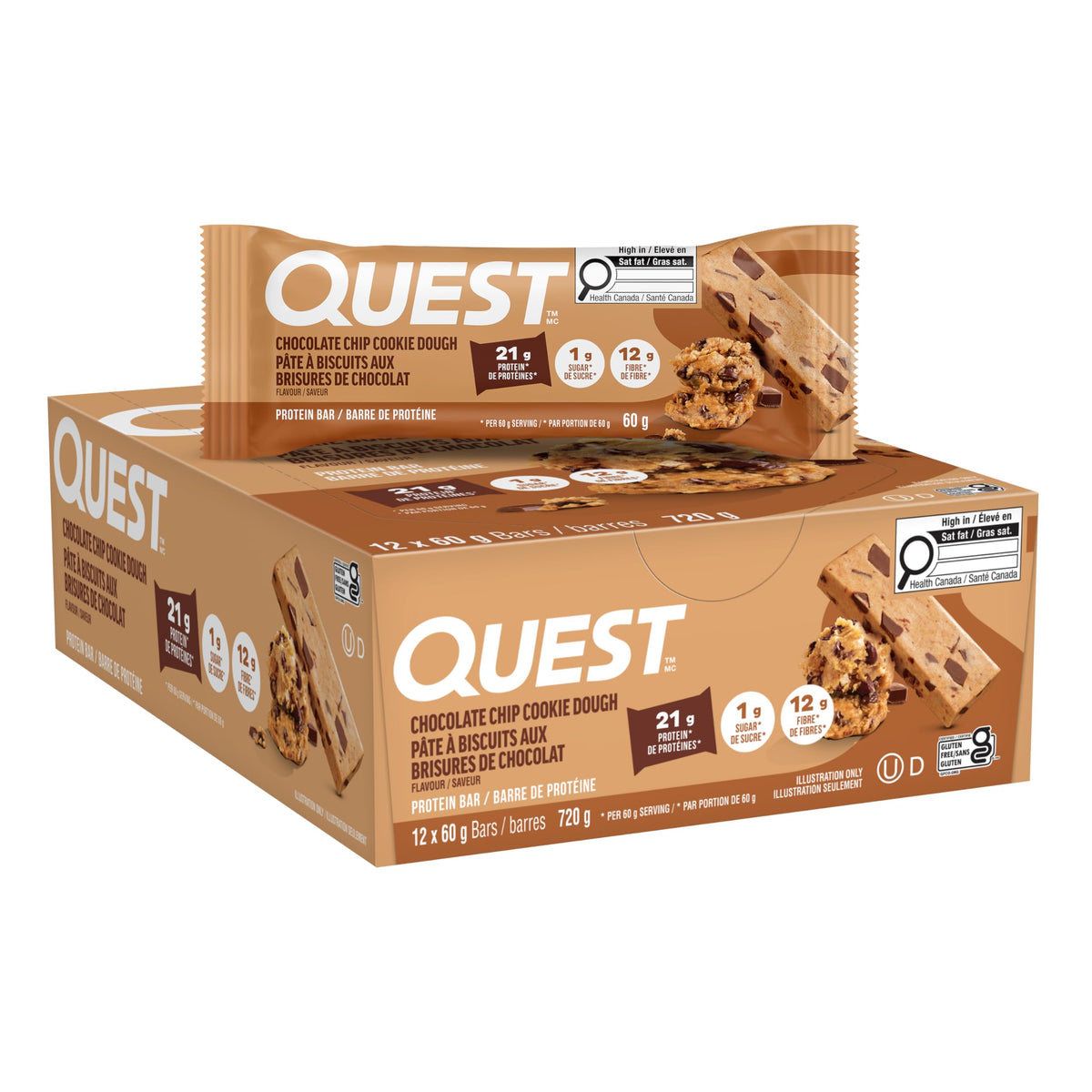Quest Nutrition Chocolate Chip Cookie Dough Flavour Protein Bar, High Protein, High Fibre, Low Sugar, Keto Friendly, 21g Protein, 1g Sugar, 12ct