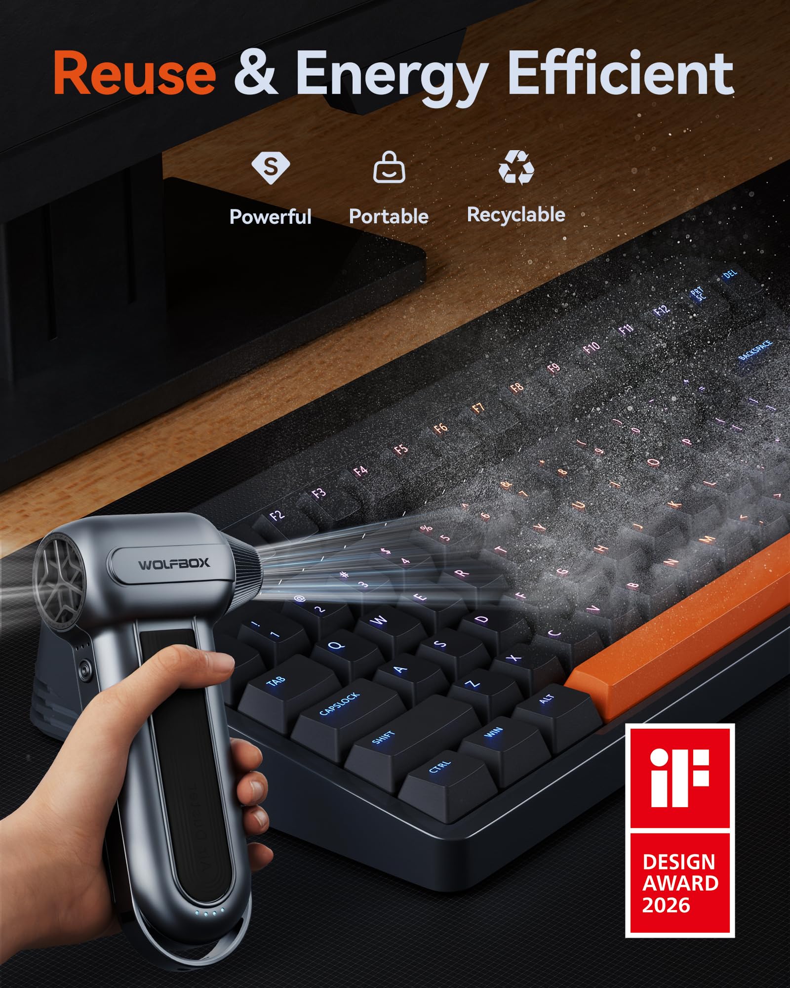 WOLFBOX MF100 Compressed Air Duster-150000RPM Super Power Cordless Air Duster, Rechargeable Brushless Motor Durable Blower, 3-Gear Adjustable Dust Blower for Computer, Keyboard, Outdoor, House and Car - Available at All In One Marketplace Canada
