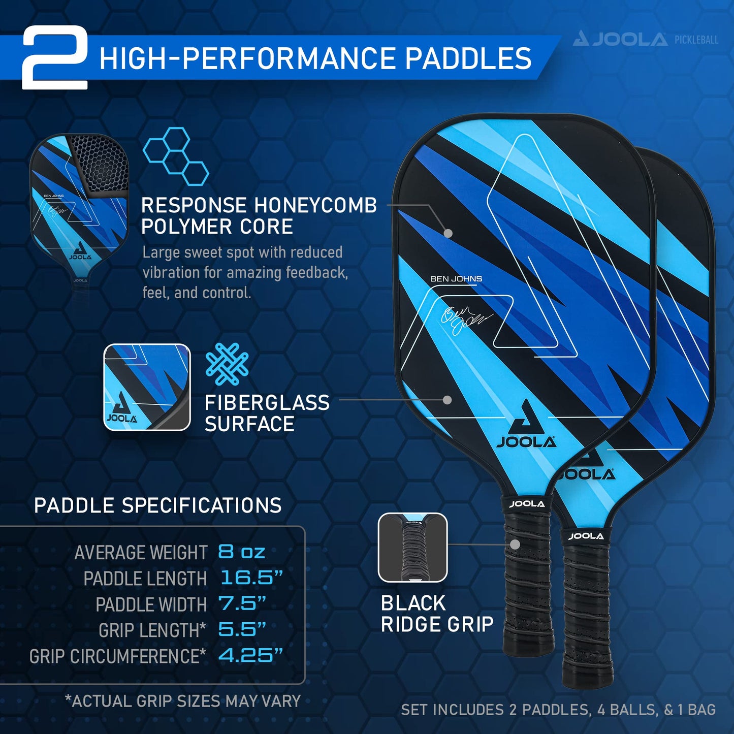 JOOLA Ben Johns Pickleball Set - Made with Reinforced Fiberglass and Honeycomb Polypropylene - Includes 2 Paddles, 4 Balls, and JOOLA Pickleball Bag Joola