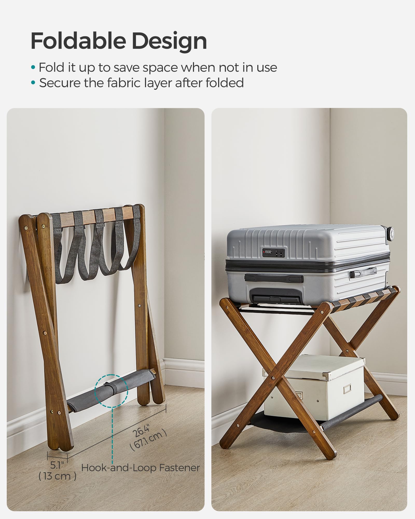 SONGMICS Luggage Rack, Bamboo Luggage Rack for Guest Room, Folding Suitcase Stand, for Hotel, Bedroom, Heavy-Duty, Holds up to 131 lb, Walnut Brown URLR007D01 SONGMICS