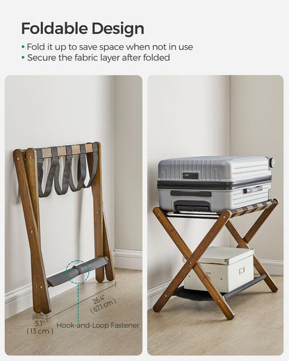 SONGMICS Luggage Rack, Bamboo Luggage Rack for Guest Room, Folding Suitcase Stand, for Hotel, Bedroom, Heavy-Duty, Holds up to 131 lb, Walnut Brown URLR007D01 SONGMICS