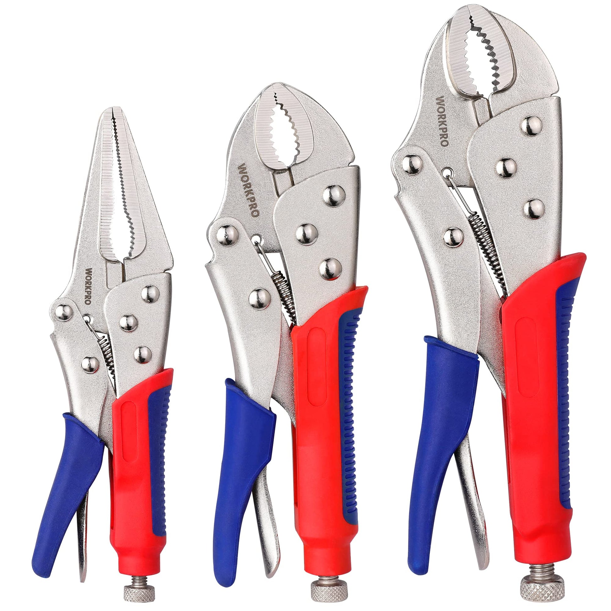WORKPRO 3-piece Locking Pliers Set, 10-inch Curved Jaw, 7-inch Curved Jaw and 6-1/2-inch Straight Jaw WORKPRO