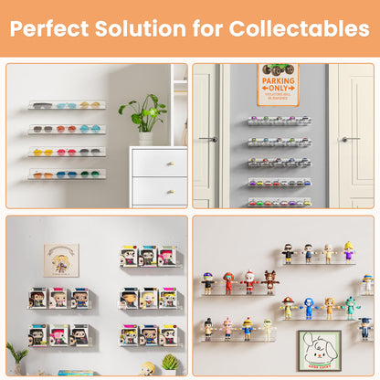 upsimples Clear Acrylic Shelves for Storage, 15" Floating Shelves Wall Mounted for Kids Bookshelf/Display Ledge for Bedroom, Living Room, Bathroom, Kitchen, Set of 4