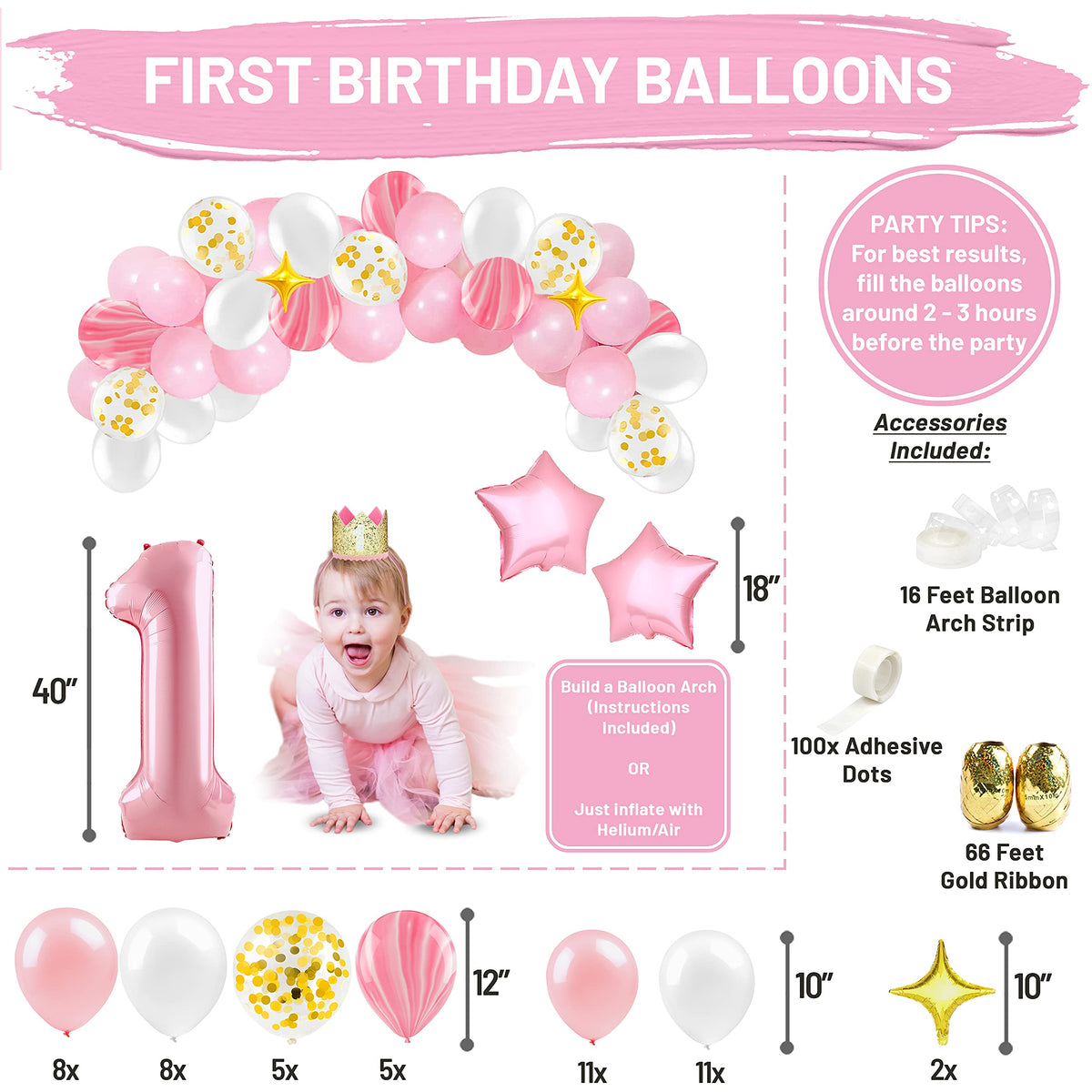 Baby Girl First Birthday Decorations - 1st Birthday Girl Decoration Pink Gold Party Supplies - Happy First Birthday Banner, Number 1 Balloon and Crown, Balloon Arch, High Chair Banner, ONE Cake Topper 🍁 All In One Marketplace Canada