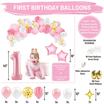 Baby Girl First Birthday Decorations - 1st Birthday Girl Decoration Pink Gold Party Supplies - Happy First Birthday Banner, Number 1 Balloon and Crown, Balloon Arch, High Chair Banner, ONE Cake Topper 🍁 All In One Marketplace Canada