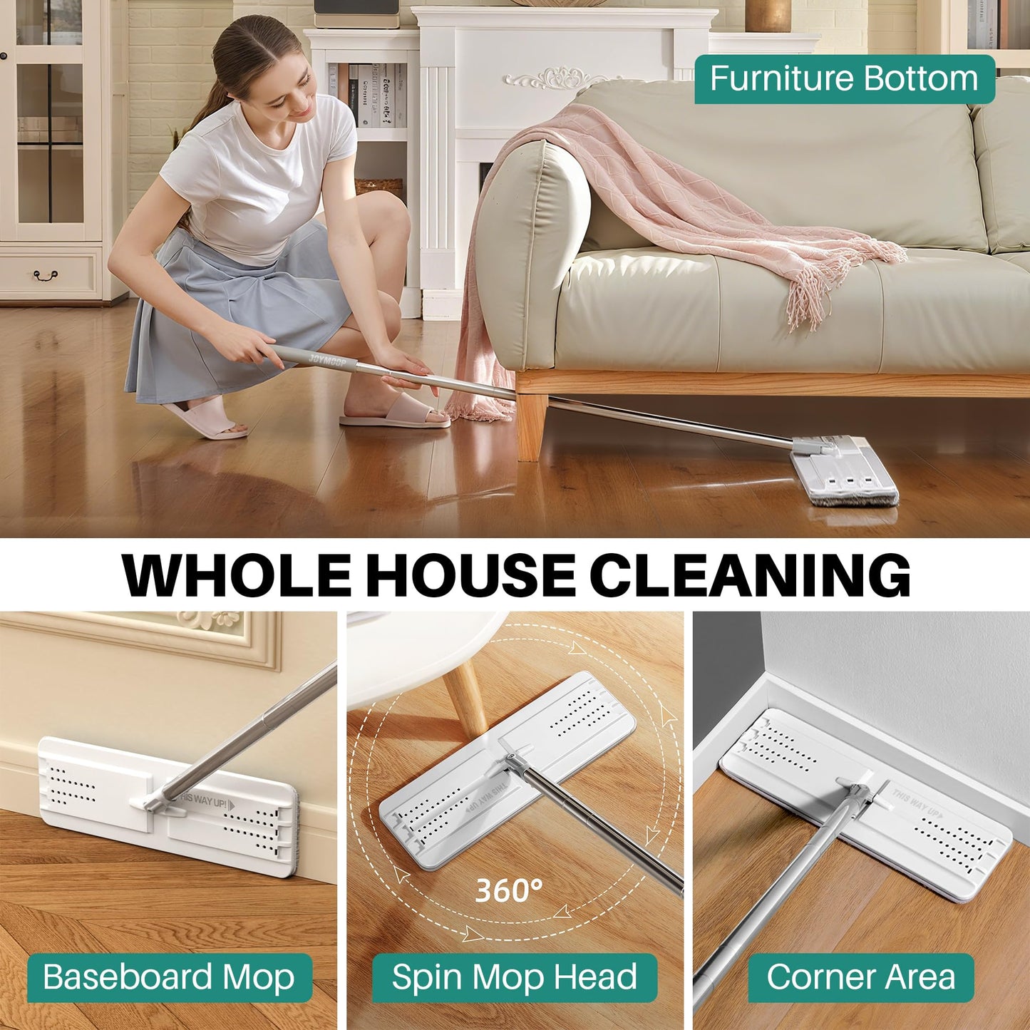 JOYMOOP Mop and Bucket with Wringer Set, Hands Free Flat Floor Mop and Bucket, with 5 Washable Microfiber Pads, Wet and Dry Use, Floor Cleaning System