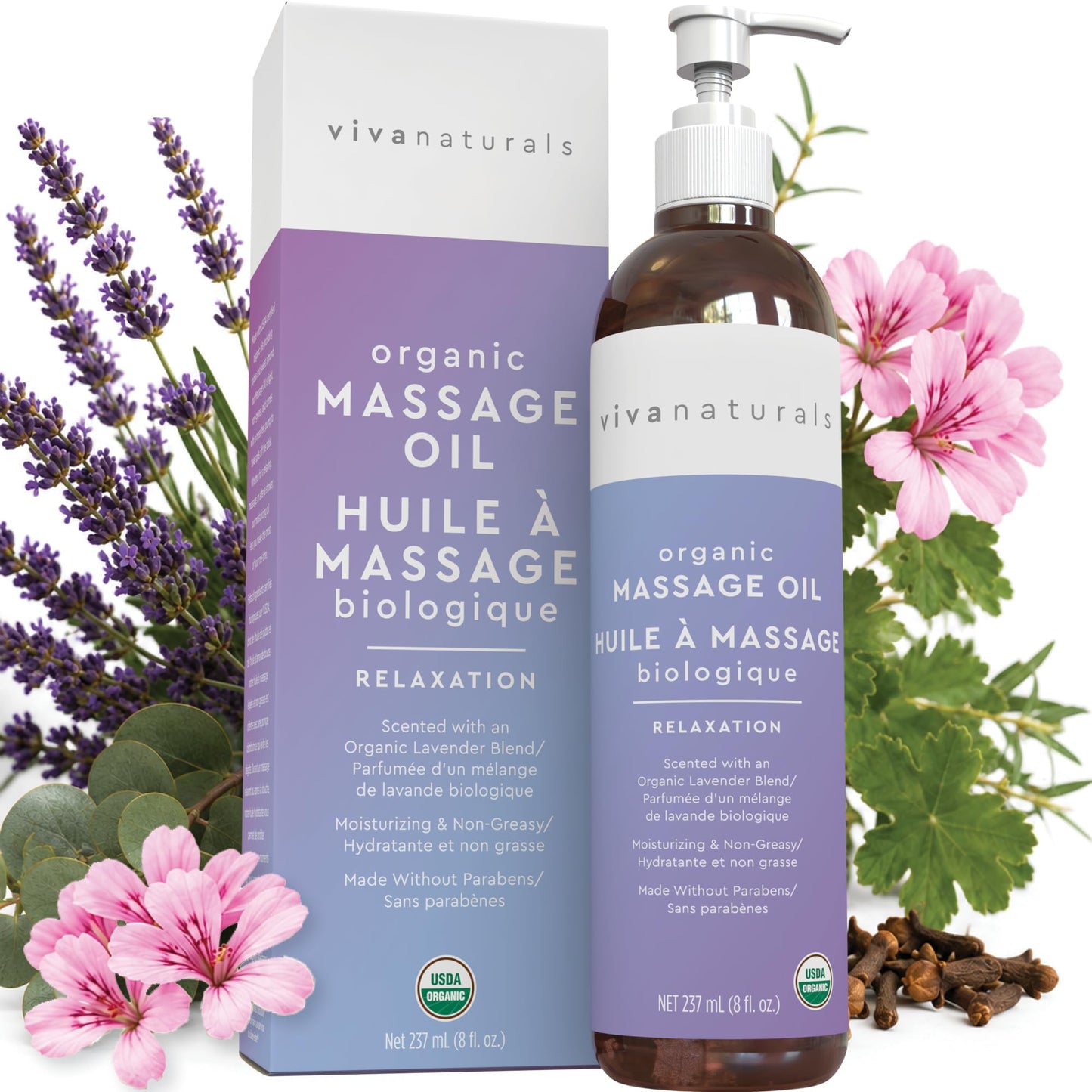 Viva Naturals Organic Massage Oil Scented (8 fl. oz.) - Non-Greasy Relaxation Scented Massage Oil with Mess-Free Pump, Moisturizing Proprietary Lavender Blend Body Oil, Non-GMO and Certified Organic, 237 mL 🍁 All In One Marketplace Canada