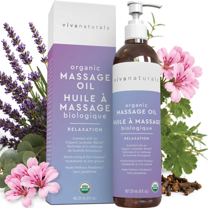 Viva Naturals Organic Massage Oil Scented (8 fl. oz.) - Non-Greasy Relaxation Scented Massage Oil with Mess-Free Pump, Moisturizing Proprietary Lavender Blend Body Oil, Non-GMO and Certified Organic, 237 mL 🍁 All In One Marketplace Canada