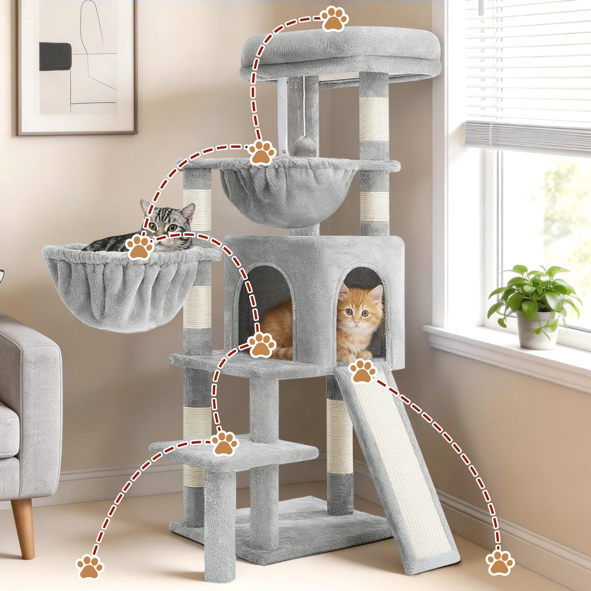 Gitelsnour Cat Tree, Cat Tower with condo, 2 Baskets, Large Platform, Scratch Board, Cat Scratching Posts for Indoor Cats, Light Gray GCT003SW