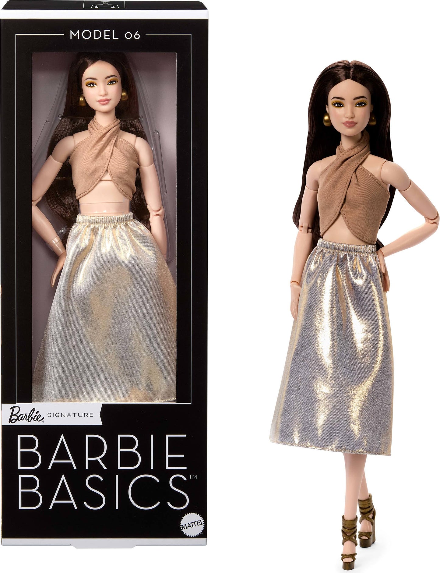 Mattel Barbie Basics Model Collector Fashion Doll 06 with Brunette Hair, Shimmery Golden Skirt & Halter, Universal-fit Fashions, Posable Body 🍁 All In One Marketplace Canada