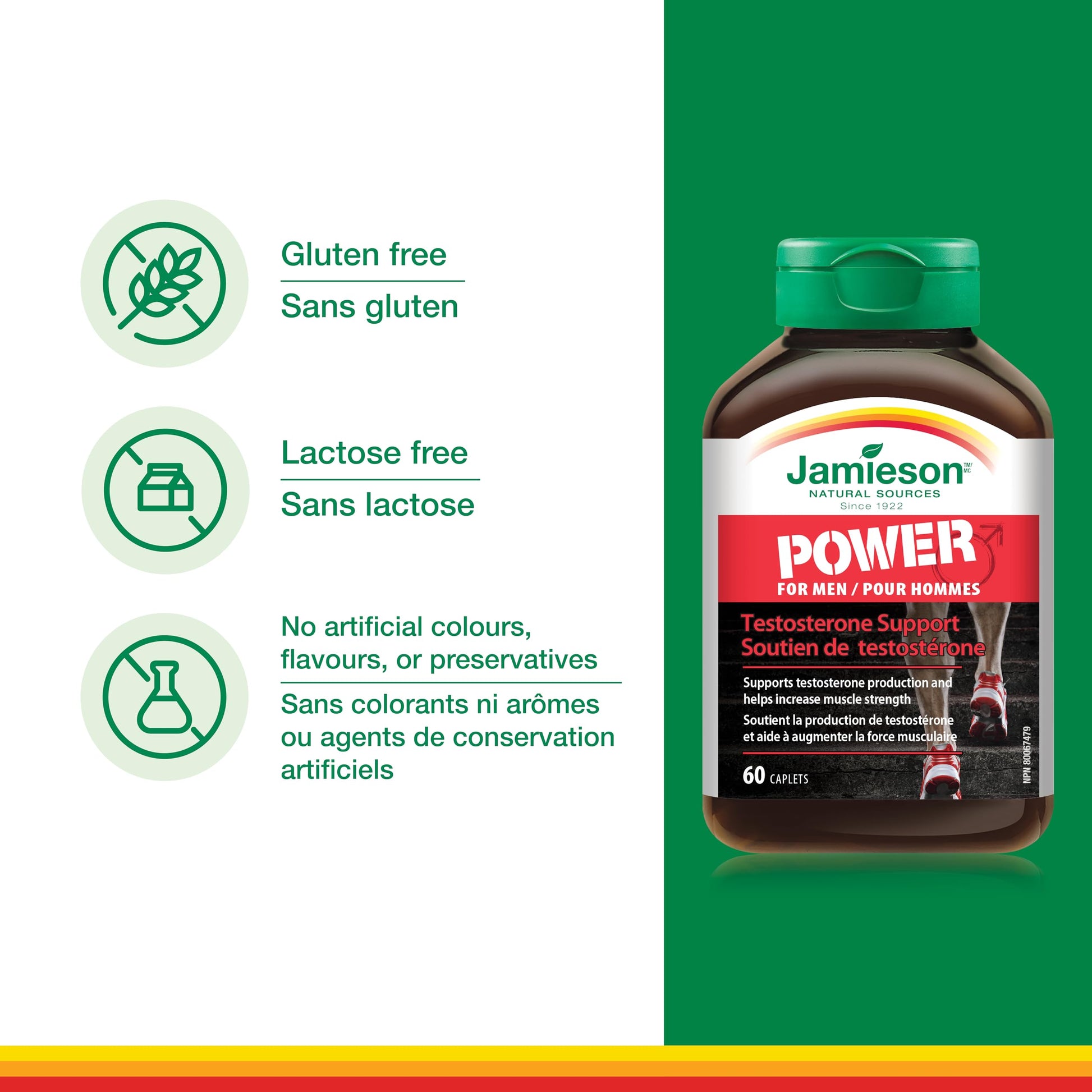 Jamieson Power for Men Vegetarian Caplets, with Fenugreek, Zinc, Magnesium Aspartate, Vitamin B6, and Beta-Alanine. Supports Testosterone Production, Muscle Strength, and Recovery, Gluten-Free, 60 Count, Proudly Canadian - Available at All In One Marketplace Canada