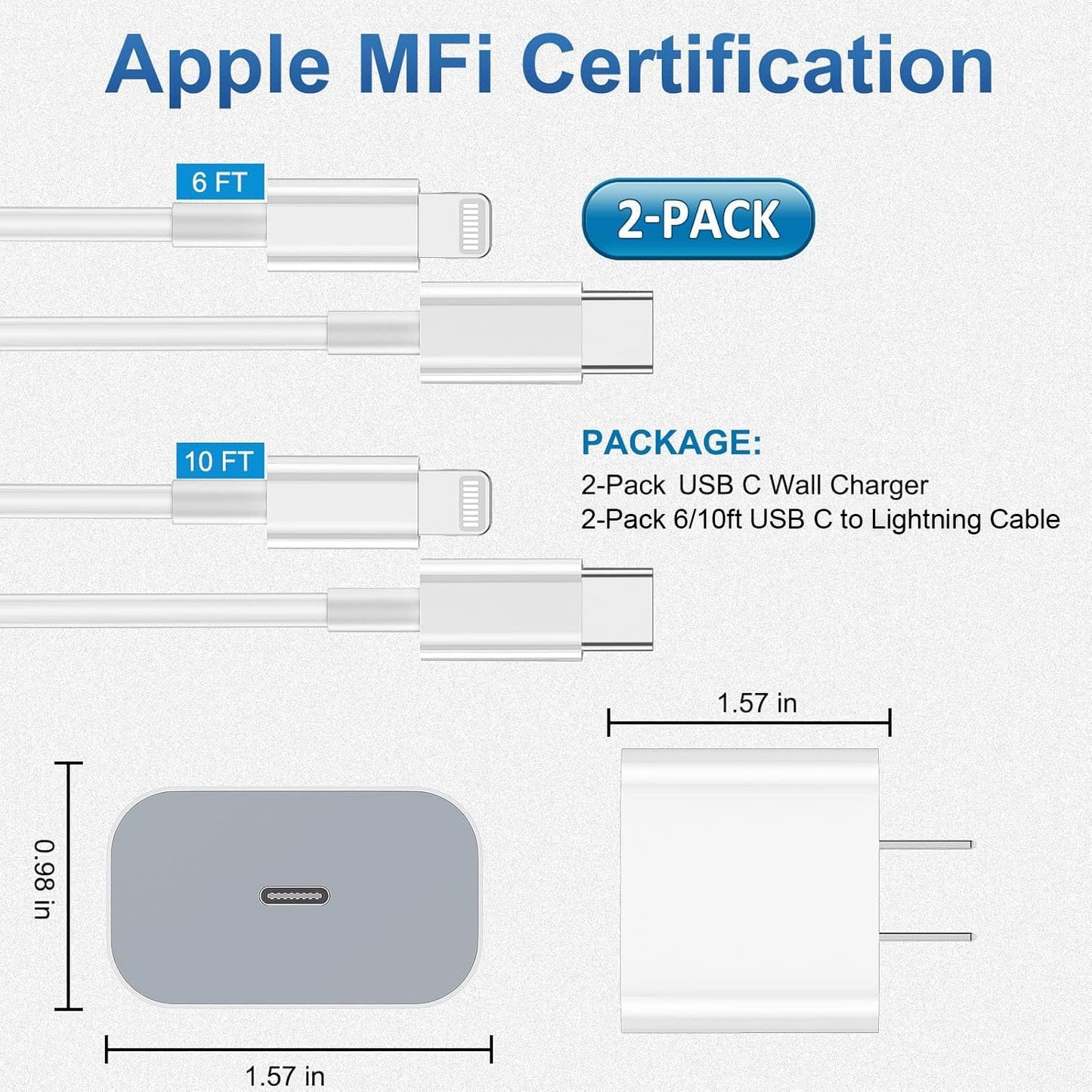 iPhone Charger Apple Charger, [Apple MFi Certified]2 Pack Apple Type C Wall Charger Block with 2 Pack [6FT&10FT] Long USB C to Lightning Cable for iPhone 14/13/12/12 Pro Max/11/Xs Max/XR/X,AirPods Pro - Available at All In One Marketplace Canada