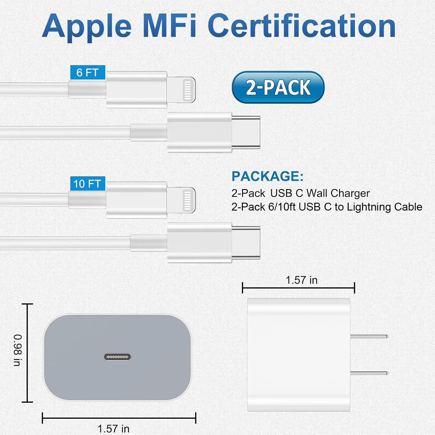 iPhone Charger Apple Charger, [Apple MFi Certified]2 Pack Apple Type C Wall Charger Block with 2 Pack [6FT&10FT] Long USB C to Lightning Cable for iPhone 14/13/12/12 Pro Max/11/Xs Max/XR/X,AirPods Pro - Available at All In One Marketplace Canada
