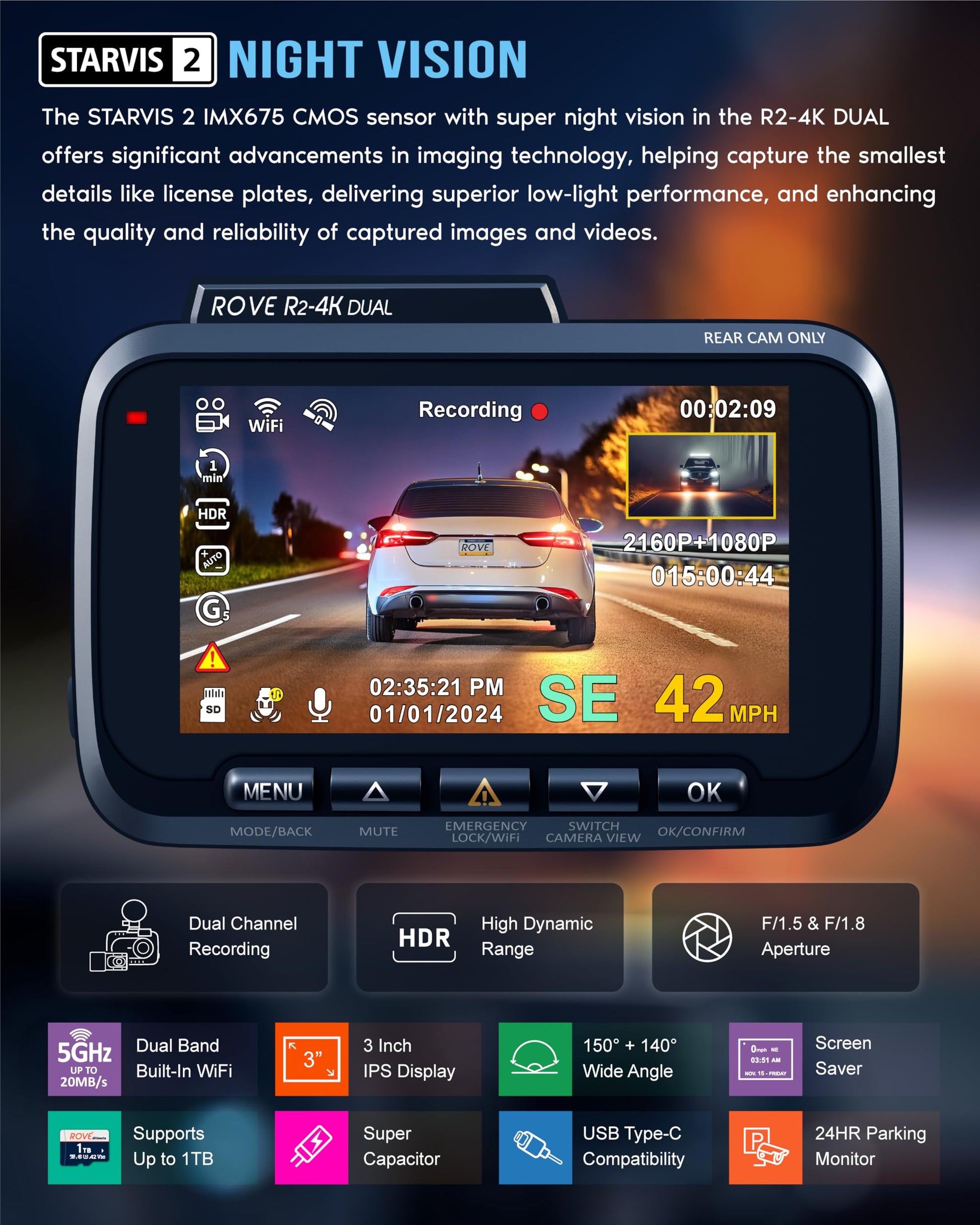 ROVE R2-4K DUAL Dash Cam Front and Rear, STARVIS 2 Sensor, FREE 128GB Card Included, 5G WiFi - up to 20MB/s Fastest Download Speed with App, 4K 2160P/FHD Dash Camera for Cars, 3" IPS, 24H Parking Mode - Available at All In One Marketplace Canada
