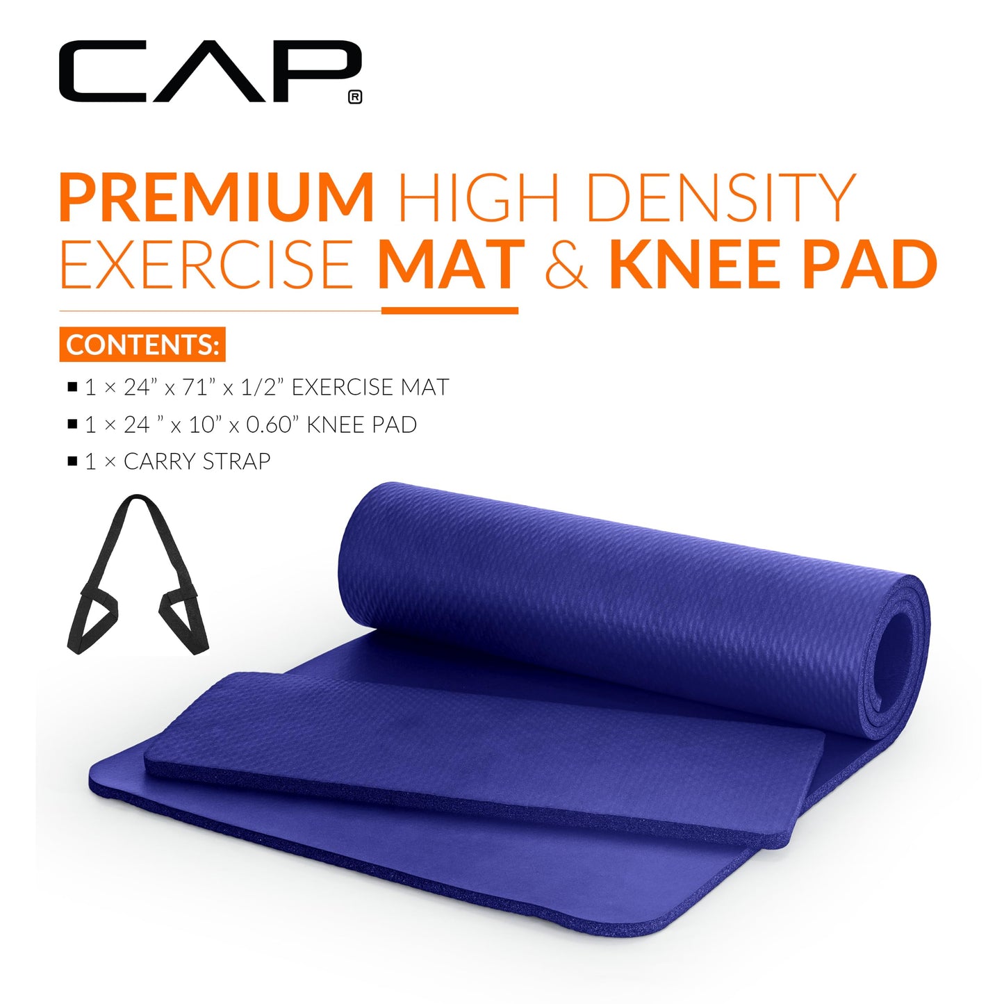 CAP Barbell High Density Exercise Yoga Mat with strap and Knee Pad 71"x24"x1/2" BLUE