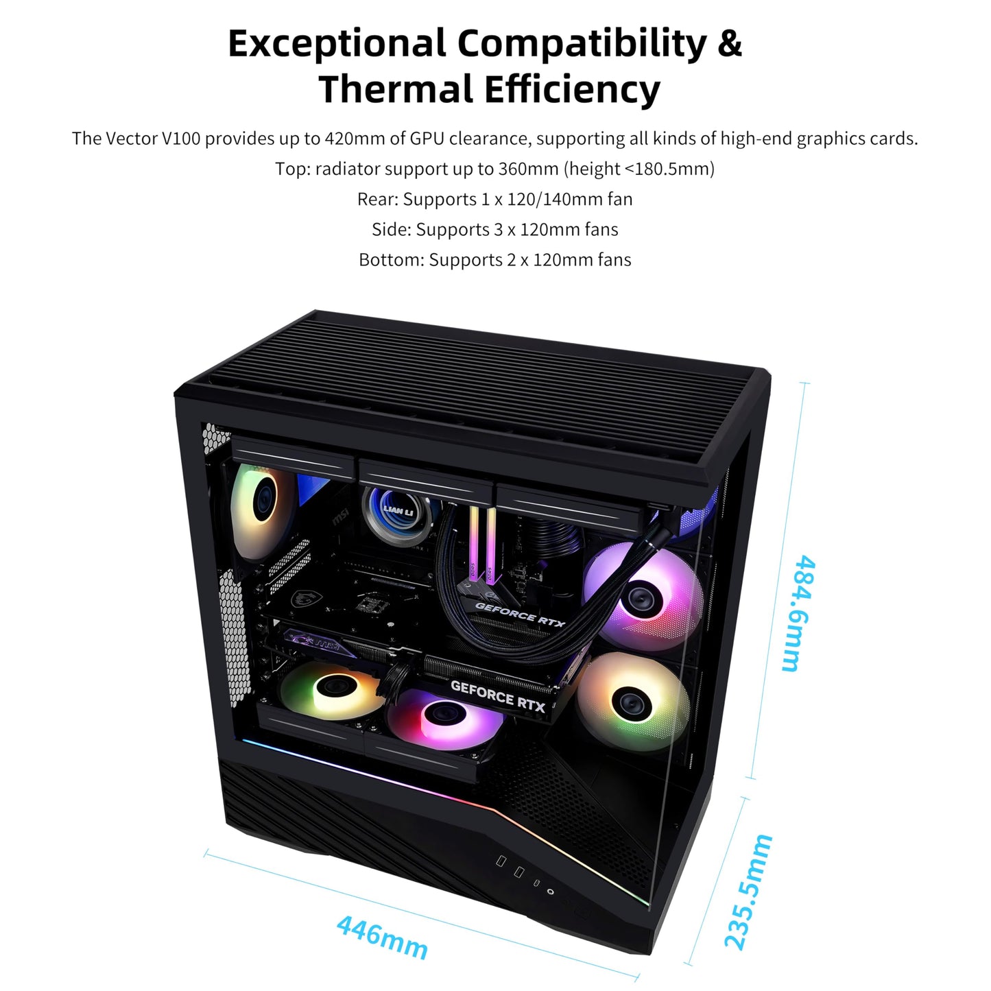 Lian Li Vector V100 ATX Mid-Tower PC Case with 4 ARGB PWM Fans, Black Lian Li
