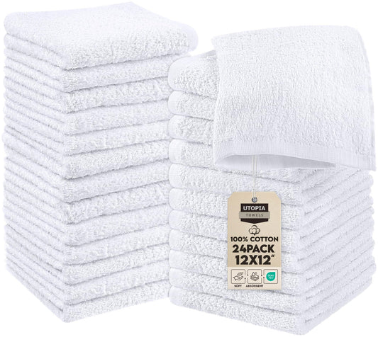 Utopia Towels - Cotton Washcloths Set - 100% Ring Spun Cotton, Premium Quality Flannel Face Cloths, Highly Absorbent and Soft Feel Fingertip Towels (24 Pack, White)