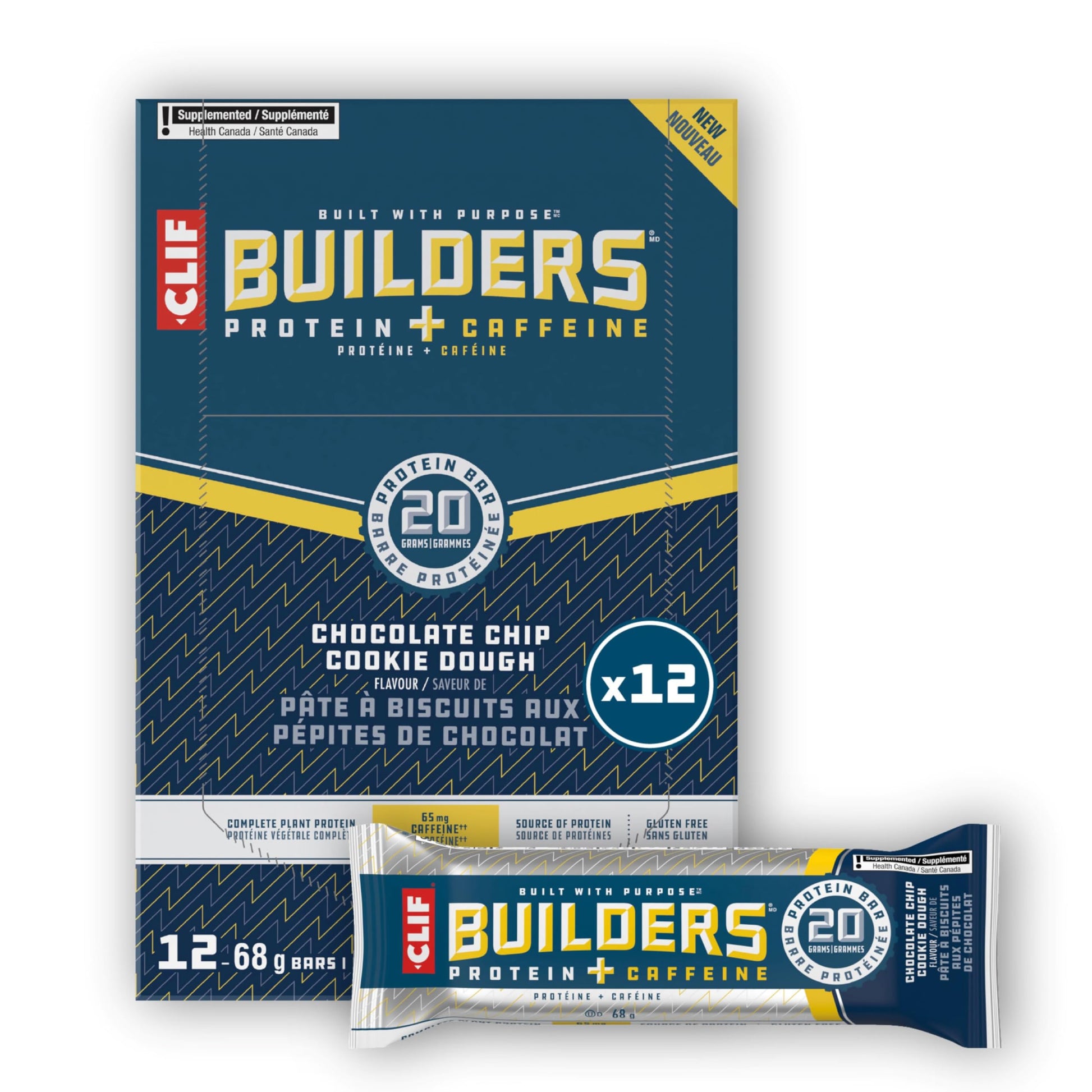 CLIF BUILDERS Protein Bars – Chocolate Chip Cookie Dough, 20g Plant Protein, Gluten Free, Non-GMO, Made in Canada, 68g Bar (Pack of 12)