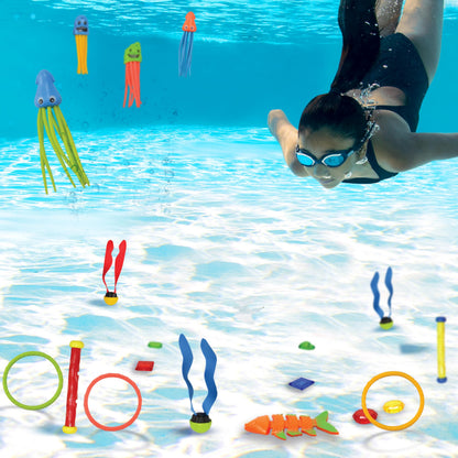 Sloosh 30 Pcs Diving Pool Toys for Kids Ages 3-12 Jumbo Set with Storage Bag Pool Games Summer Swim Water FishToys