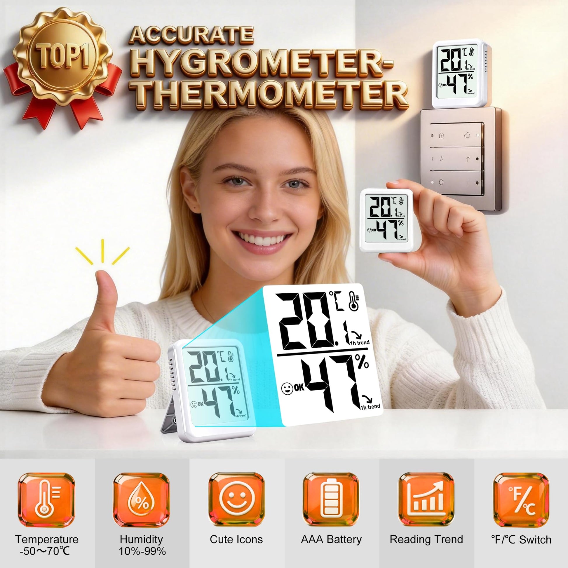 Ayawiss Room Thermometer Indoor Hygrometer with Celsius/Fahrenheit (℃/℉) Switch, Humidity Meter Gauge Digital Temperature and Humidity Sensor Monitor for Home Pets Plants - AAA Battery Included