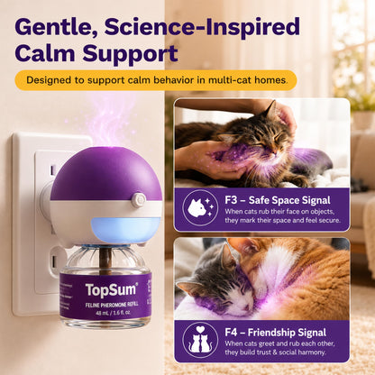 TopSum Cat Pheromone Diffuser: Cat Calming Diffuser for Spraying, Scratching, Excessive Meowing & Multi-Cat Homes, Ideal for Cats Alone at Home - VHP Registered NN.Z4H1 (6 Refills)