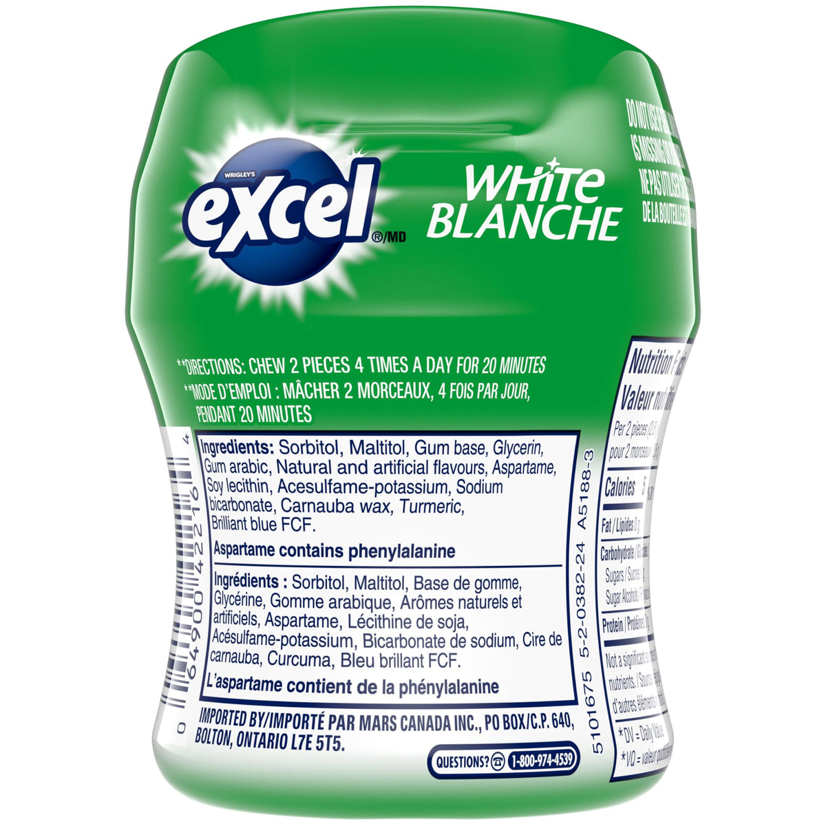 EXCEL, Spearmint Flavoured Sugar Free Chewing Gum, 60 Pieces, 6 Bottles