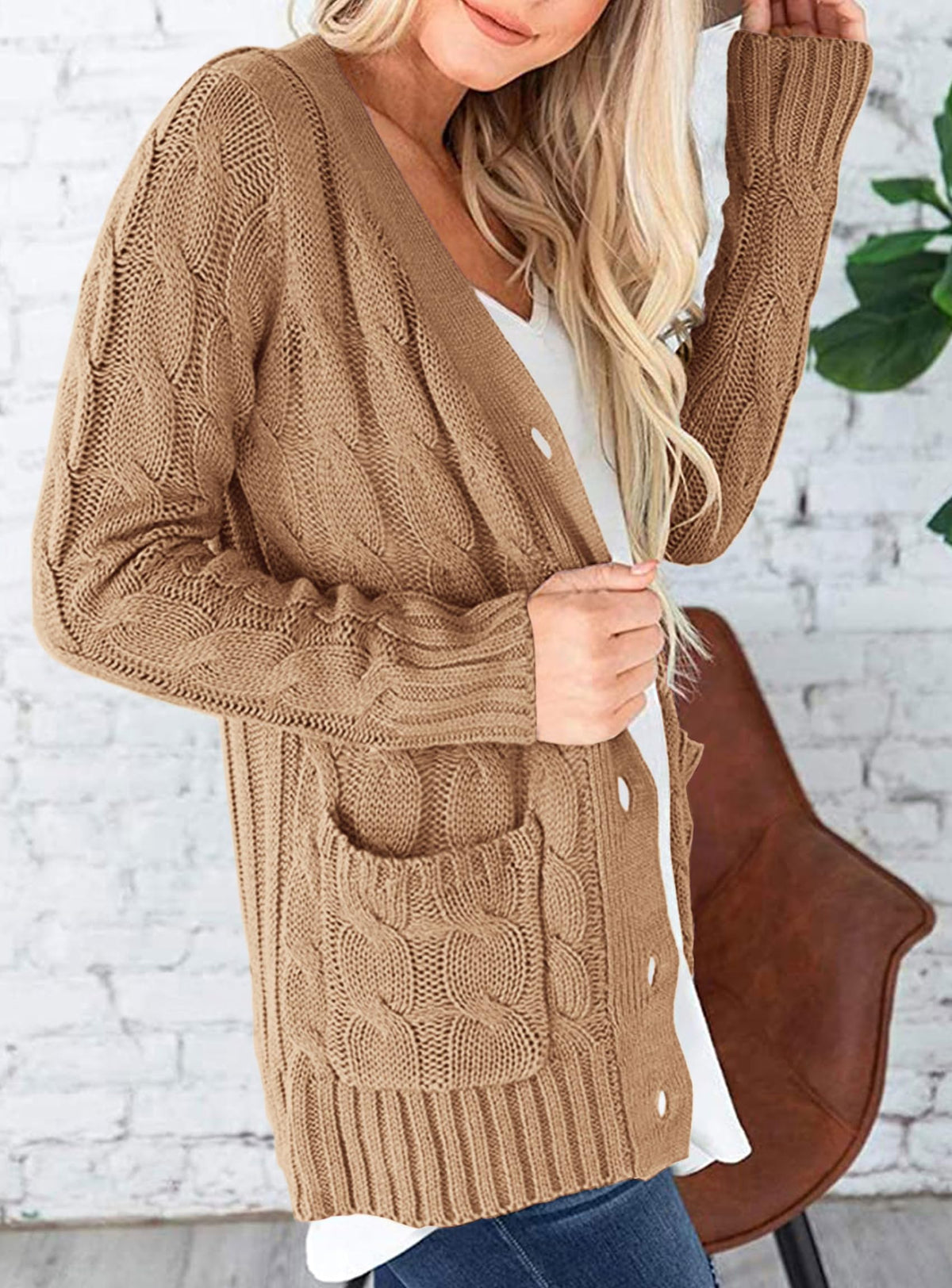 PRETTYGARDEN Women's Cable Knit Cardigan Sweaters Fall(Khaki,M) 🍁 All In One Marketplace Canada