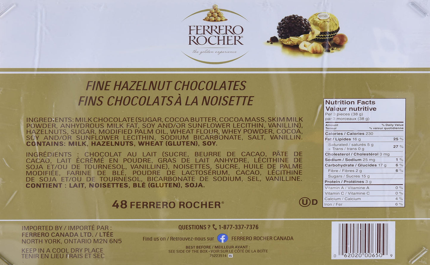 Ferrero Rocher Hazelnut Chocolates - 48 Piece Box (600g)
