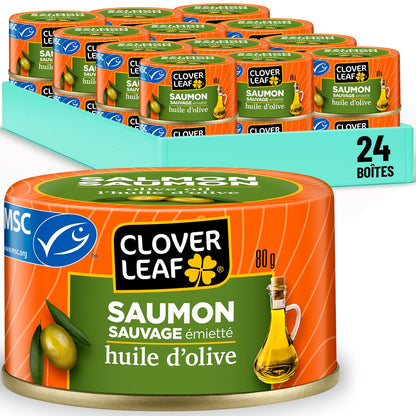 Clover Leaf Wild Flaked Pink Salmon Olive Oil 80g, 24 Easy-Peel Cans Clover Leaf