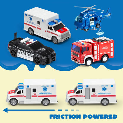 JOYIN 4 Packs Emergency Vehicle Toy Playsets, Friction Powered Vehicles with Light and Sound, Including Fire Truck, Ambulance, Play Police Car and Helicopter, Christmas Toddler Kids Boys Gifts 🍁 All In One Marketplace Canada