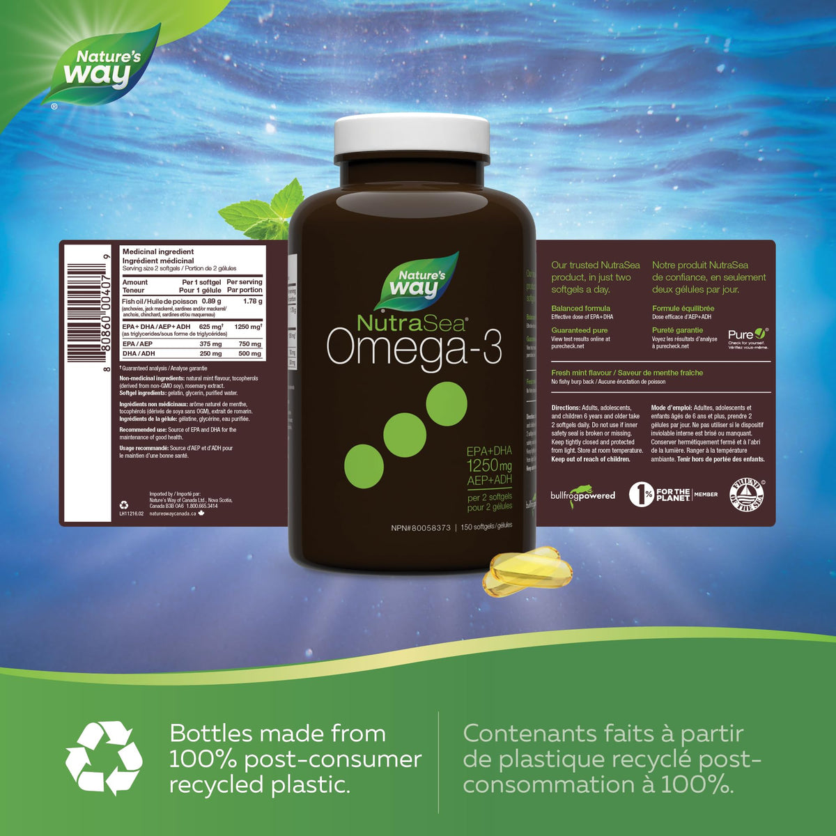 Nature's Way NutraSea Omega 3 Liquid Gels Supplement with Fish Oil – Fresh Mint Flavour – Heart & Brain Support for Adults and Kids Ages 6+ – EPA & DHA, 150 Softgels