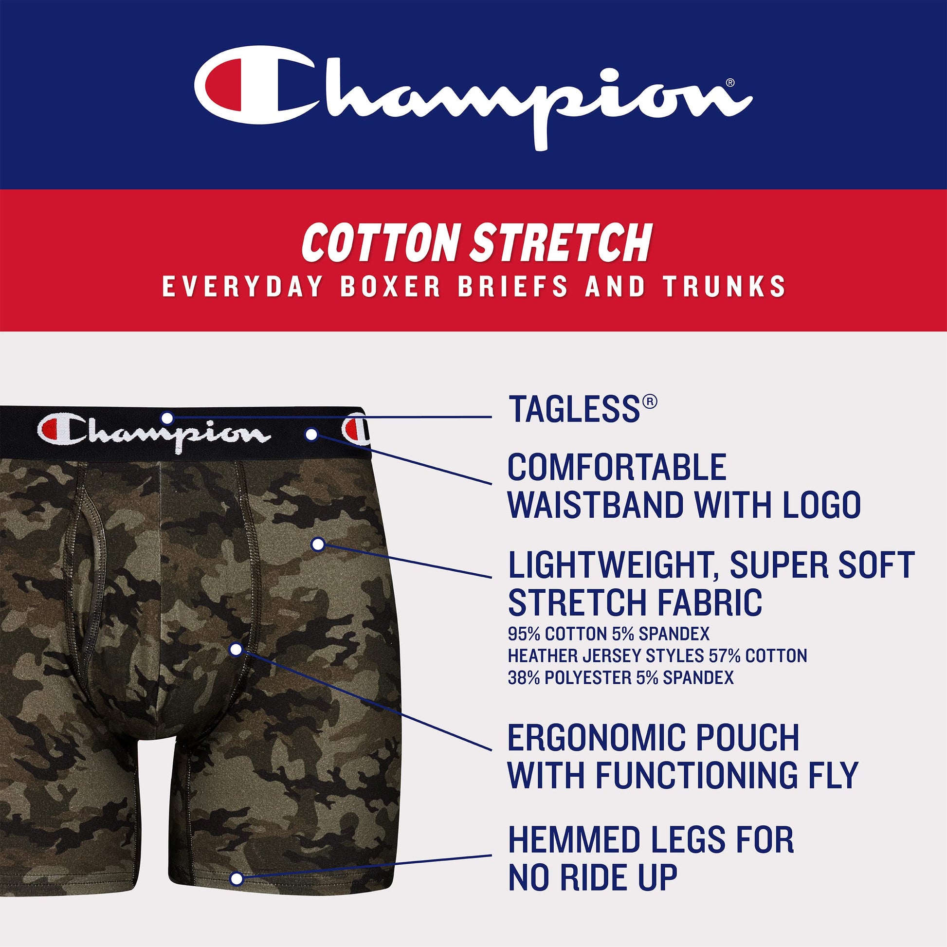 Champion Men Men's Cotton Stretch Boxer Briefs, 3 and 5 Packs Available, Black - 5 Pack, Medium Champion