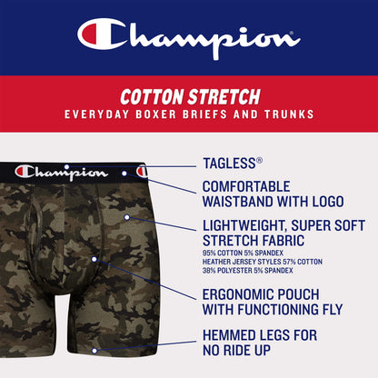 Champion Men Men's Cotton Stretch Boxer Briefs, 3 and 5 Packs Available, Black - 5 Pack, Medium Champion