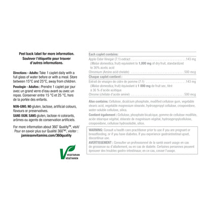 Jamieson Apple Cider Vinegar with Chromium Caplets, Helps Maintain Normal Blood Glucose Levels and Supports Metabolism. One Per Day, Vegetarian, Non-GMO, Gluten-Free, 120 Count - Available at All In One Marketplace Canada