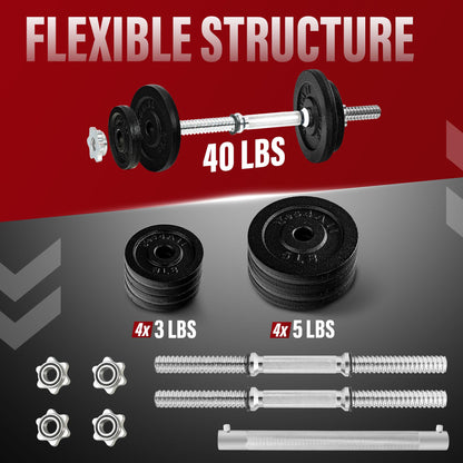 Yes4All Adjustable Cast Iron Dumbbell Set with Connector, 40 lb Combo, Black, Converts to Barbell for Home Gym Yes4All