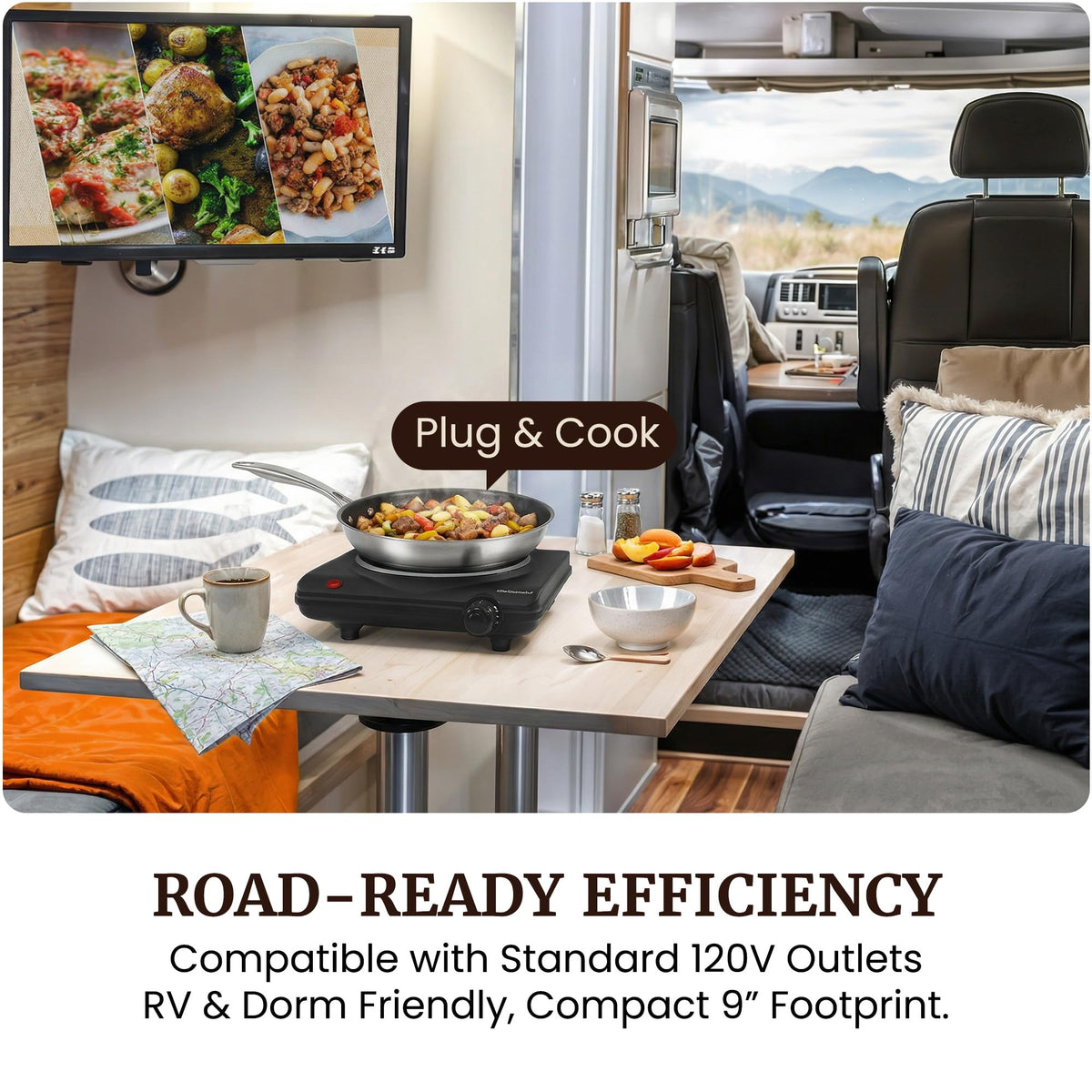 Elite Gourmet Countertop Electric Burner, 1000W Cast Iron Hot Plate, 7 Heat Settings, Portable Cooktop for RV, dorm, office & small kitchens, road-ready & compact