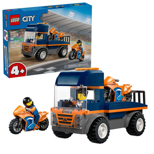 LEGO City Le camion transporteur de motos, jeu de construction pour garçons et filles – Ensemble de jeu de simulation pour enfants d'âge préscolaire de 4 ans et plus – Camion plateau avec 2 motos jouets et 2 figurines – Idée cadeau d'anniversaire – 60491