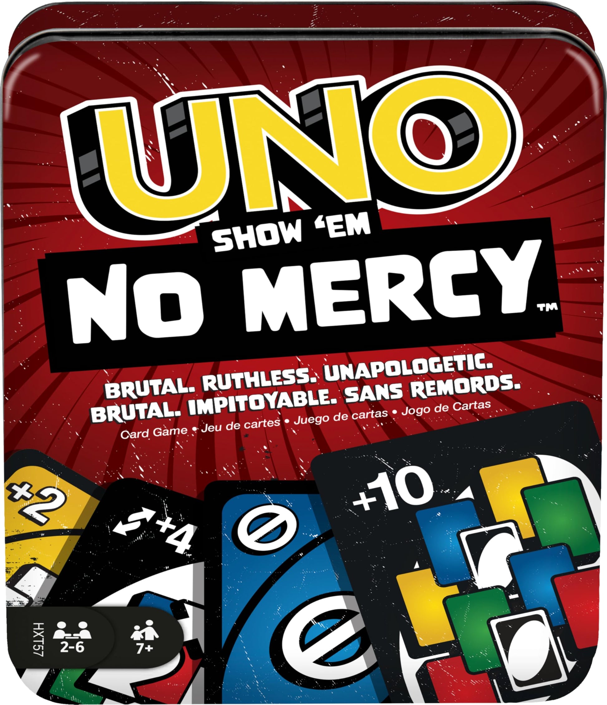 Mattel Games UNO Show ‘em No Mercy Card Game in Storage & Travel Tin for Kids, Adults & Family Night with Extra Cards, Special Rules & Tougher Penalties