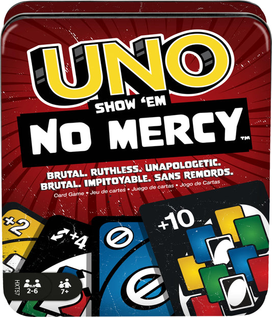 Mattel Games UNO Show ‘em No Mercy Card Game in Storage & Travel Tin for Kids, Adults & Family Night with Extra Cards, Special Rules & Tougher Penalties