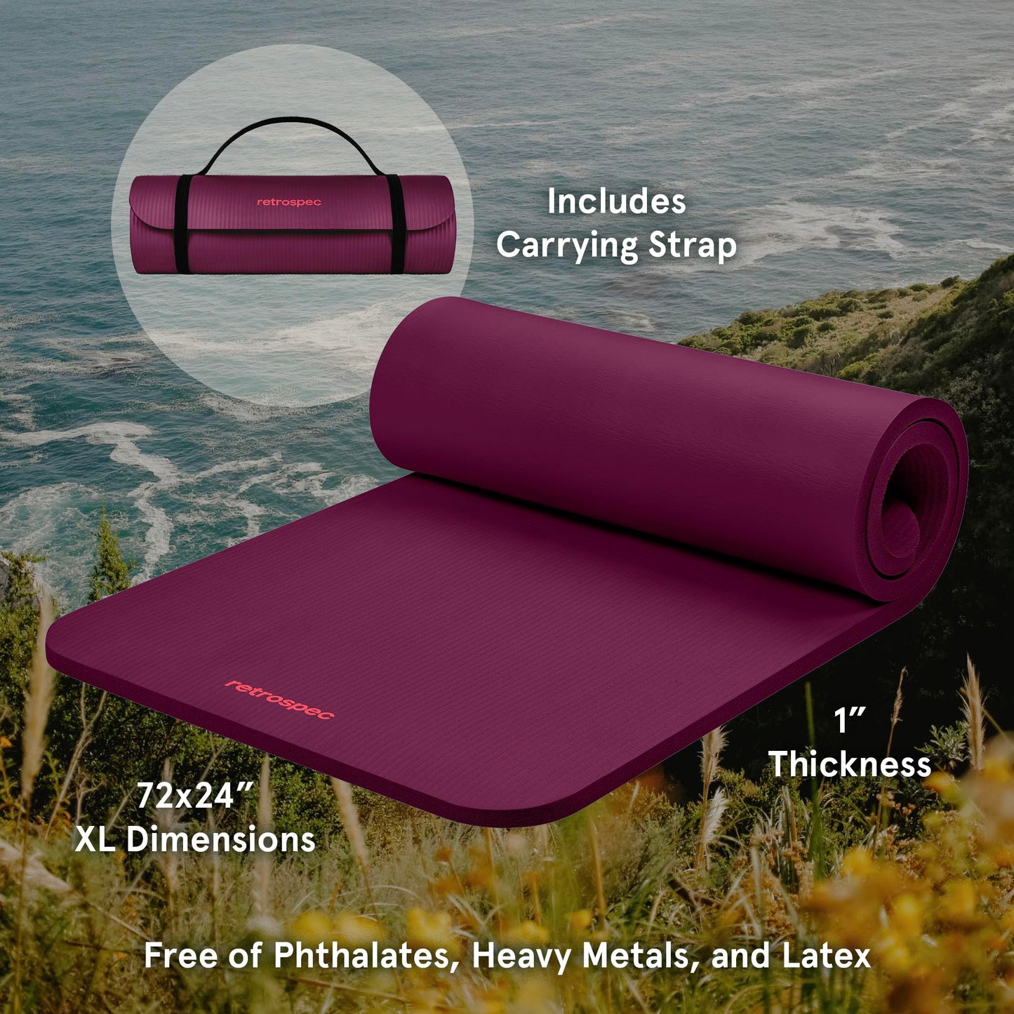 Retrospec Solana Yoga Mat 1" Thick w/Nylon Strap for Men & Women - Non Slip Exercise Mat for Home Yoga, Pilates, Stretching, Floor & Fitness Workouts - Boysenberry 🍁 All In One Marketplace Canada