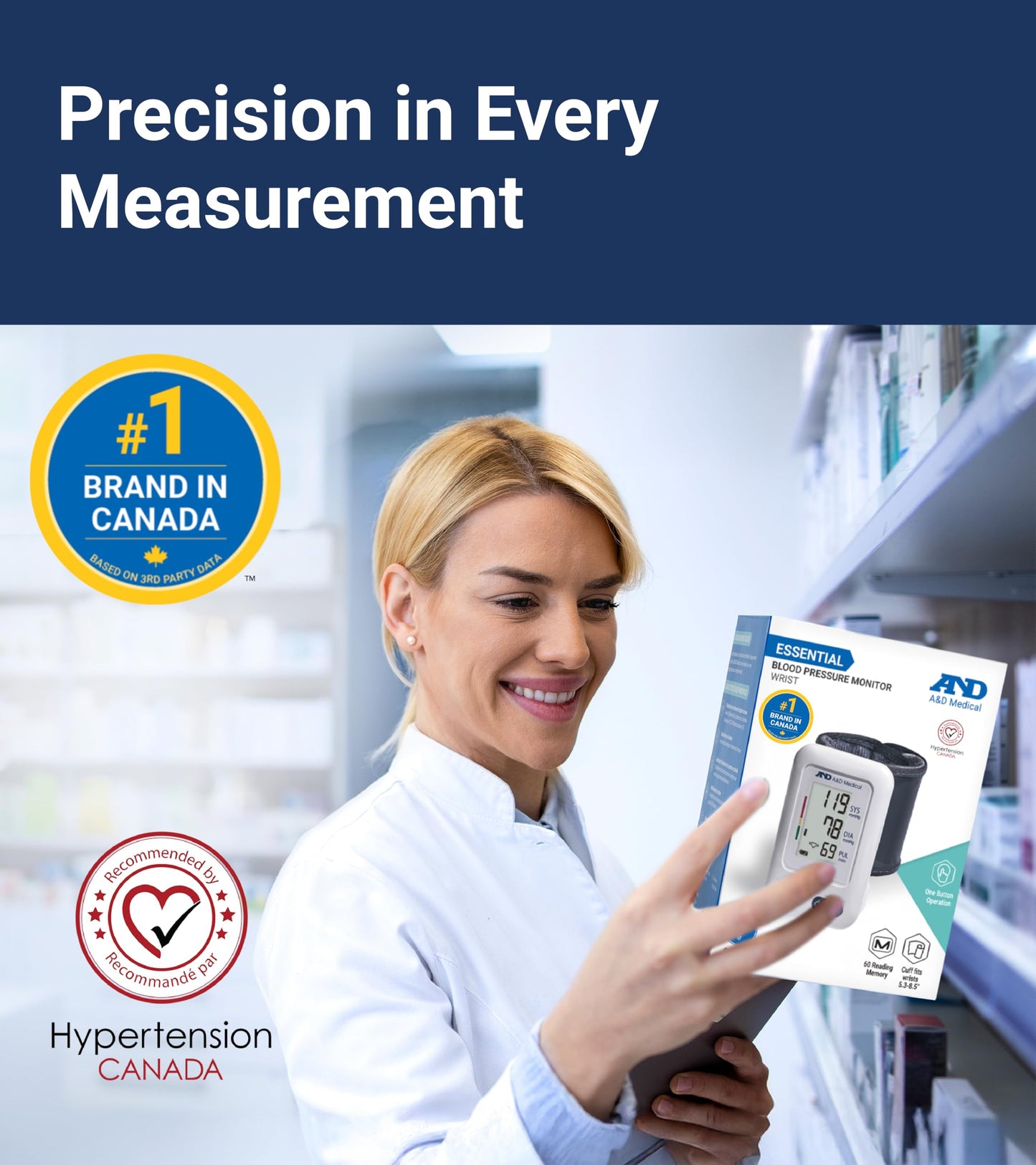 A&D Medical Wrist Blood Pressure Monitor for Home Use - UB-525CN, BP Adjustable Cuff (5.3-8.5"/13.5-21.5 cm) One Button Operation, 60 Reading Memory, FSA/HSA Eligible, 2 AAA Batteries - Available at All In One Marketplace Canada