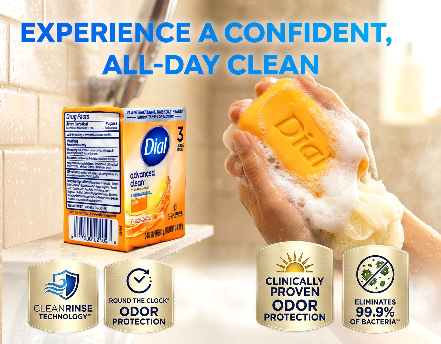 Dial Advanced Clean Deodorant Bar Soap Antibacterial Gold 3 Bars - Available at All In One Marketplace Canada