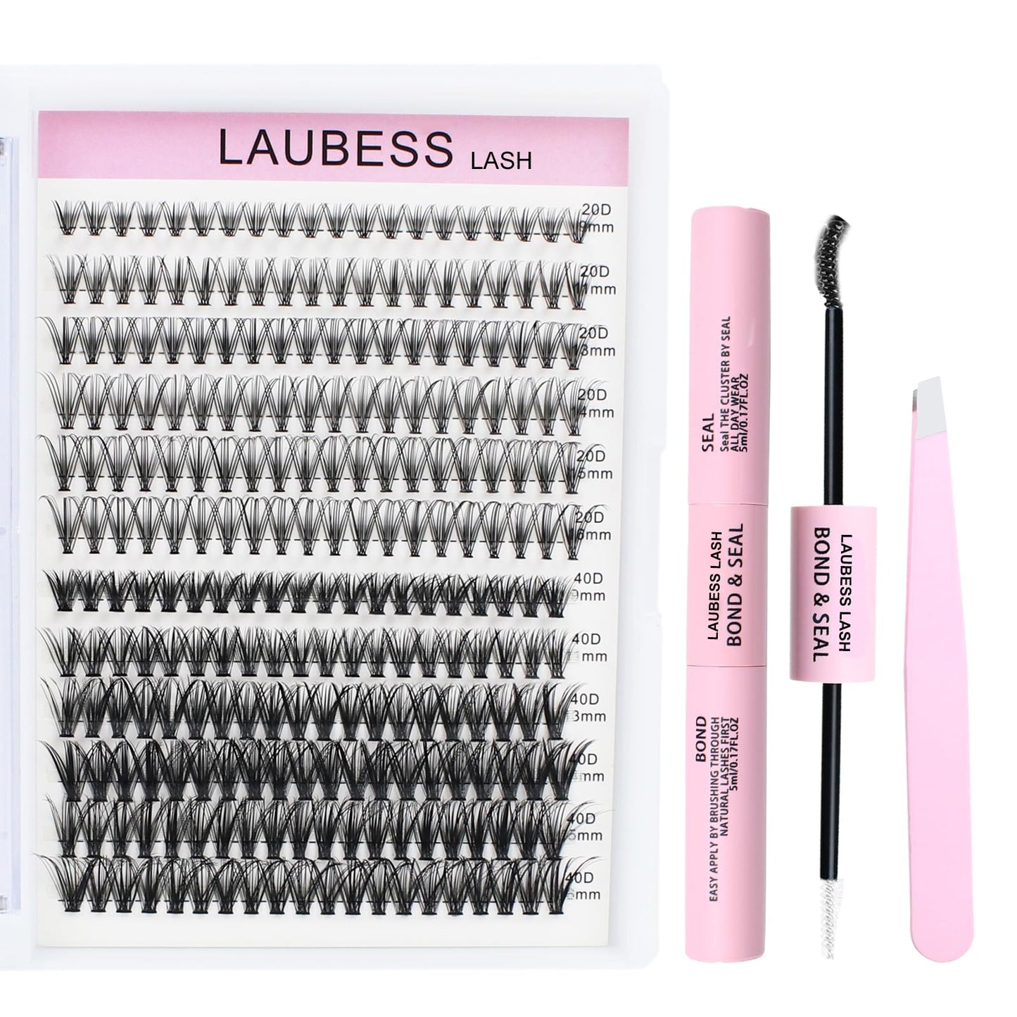 Lash Extension Kit 20D+40D Clusters With Bond and Seal - Waterproof DIY Eyelash Extension Set With Tweezers (Set 20D/40D-0.07D-9-16Mix)