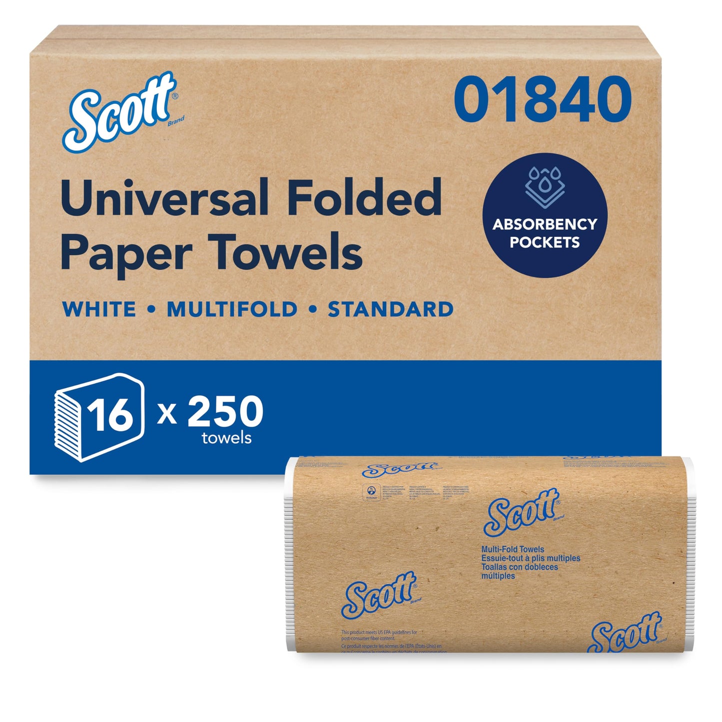 Scott Professional Universal Multifold Paper Towels, Bulk (01840), Absorbency Pockets, White, 9.2"x9.4" Towel, Compressed, Compact (250 Sheets/Pack, 16 Packs/Case, 4,000 Sheet Total) - Available at All In One Marketplace Canada