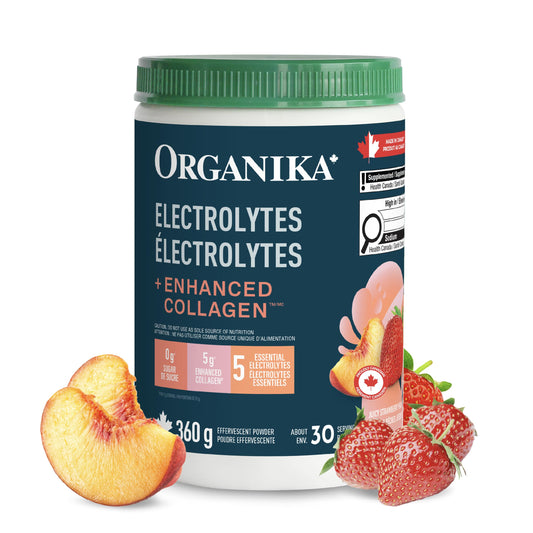 Organika Canadian-Made Electrolytes + Enhanced Collagen - Strawberry Peach Flavour - Sugar-Free Hydration | 5g Protein + 100% of Daily Vitamin C - 360g, 30 Servings