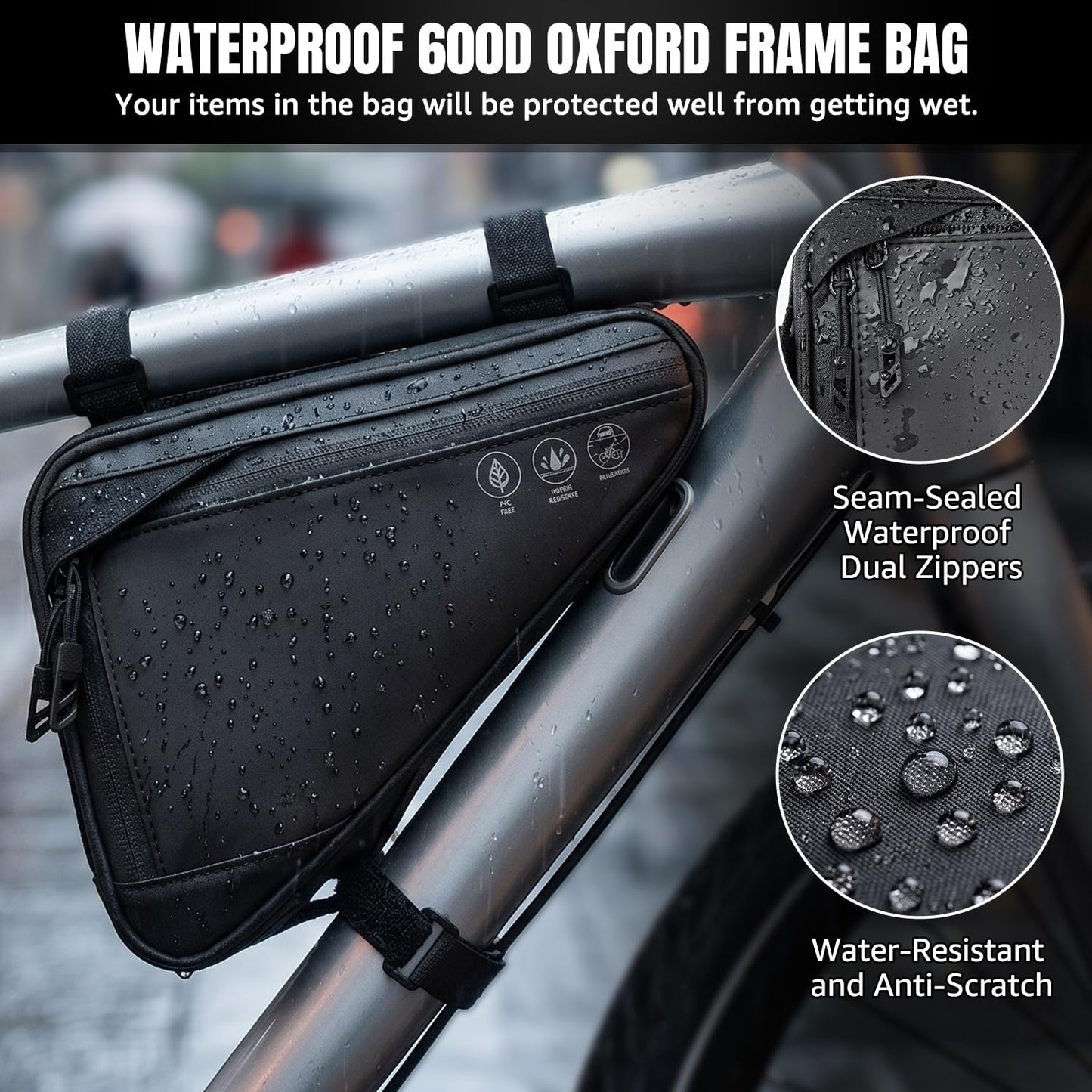 WOTOW Bike Frame Storage Bag, Water Resistant Cycling Reflective Triangle Handlebar Top Tube Bag Under Seat Pouch Strap-On Adjustable Install Position Tool Accessories Pack for Mountain Road Bike - Available at All In One Marketplace Canada