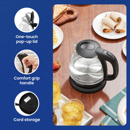 Elite Gourmet EKT1001 Electric BPA-Free Glass Kettle, Cordless 360° Base, Stylish Blue LED Interior, Handy Auto Shut-Off Function – Quickly Boil Water For Tea & More, Black, 1L